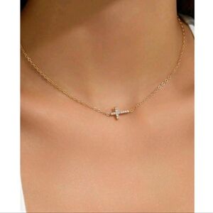 NEW! Anthropologie Delicate tiny Sideways Cross CZ Cubic Zirconia Gold Necklace